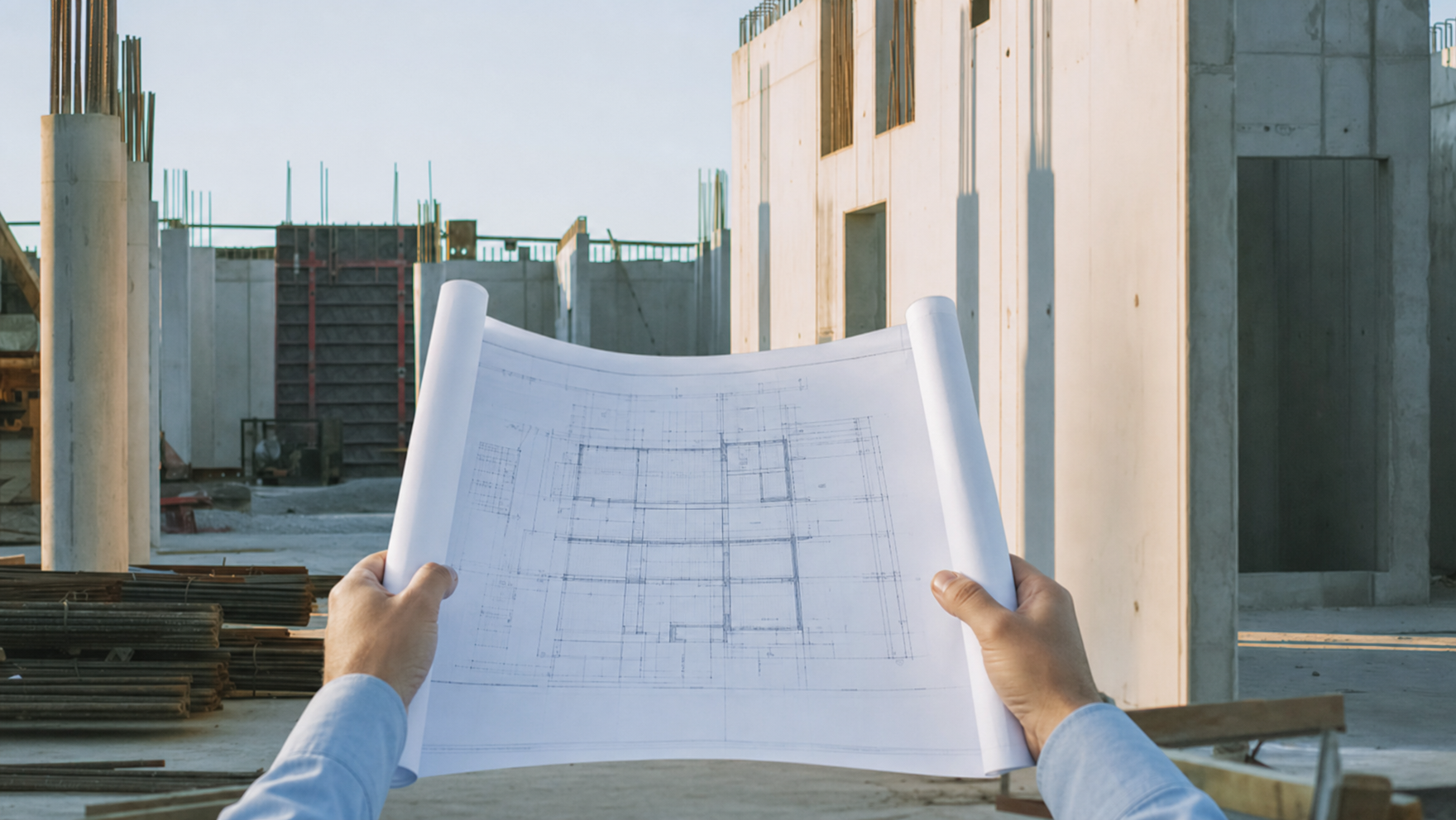Ilustración de seguimiento de una obra con planos y estructura en construcción